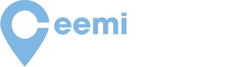 Ceemi_Agency_Negative Light blue location pin icon with the word "Ceemi" in lowercase letters on a white background.