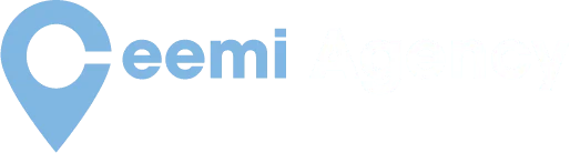 Light blue location pin icon with the word "Ceemi" in lowercase letters on a white background.